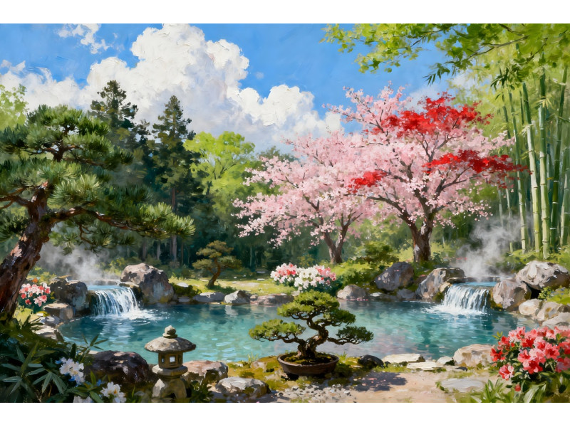 Tablou Canvas Cascada in japonia 11, 80x50 cm, natura, flori, lac, padure izvor, rau, stil pictura, sasiu de lemn, panza de bumbac 90%, agatatoare invizibilla