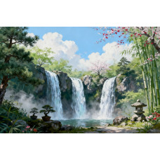 Tablou Canvas Cascada in japonia 12, 80x50 cm, natura, flori, lac, padure izvor, rau, stil pictura, sasiu de lemn, panza de bumbac 90%, agatatoare invizibilla