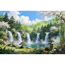Tablou Canvas Cascada in japonia 13, 80x50 cm, natura, flori, lac, padure izvor, rau, stil pictura, sasiu de lemn, panza de bumbac 90%, agatatoare invizibilla