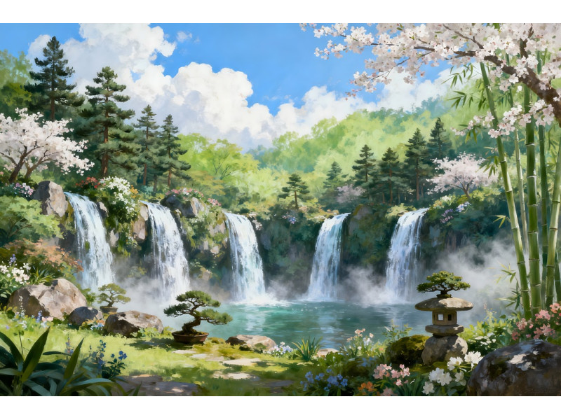 Tablou Canvas Cascada in japonia 13, 80x50 cm, natura, flori, lac, padure izvor, rau, stil pictura, sasiu de lemn, panza de bumbac 90%, agatatoare invizibilla
