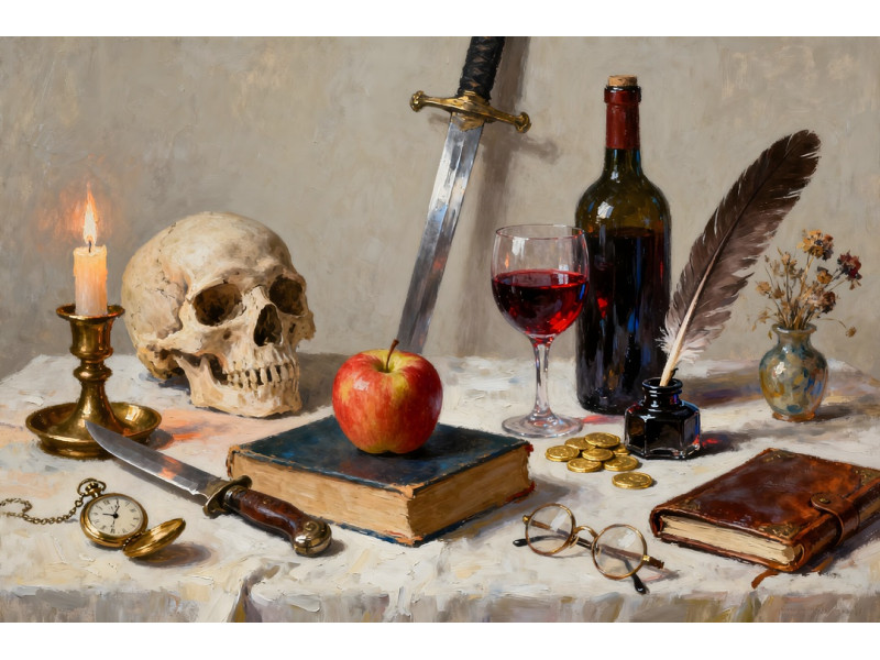 Tablou Canvas Natura statica medievala 8, 80x50 cm, arme, aur, flori, stil pictura, sasiu de lemn, panza de bumbac 90%, agatatoare invizibilla