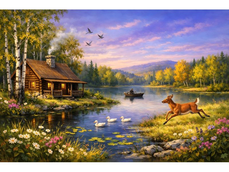 Tablou Canvas Cabana ideala 71, 80 x 50 cm, natura, peisaj, stil pictura, sasiu de lemn, panza de bumbac 90%, agatatoare invizibila Tablou Canvas Cabana ideala 71, 80 x 50 cm, natura, peisaj, stil pictura, sasiu de lemn, panza de bumbac 90%, agatatoare invizibila