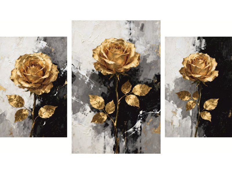 Tablou Canvas Trandafiri golden decorativi, 3 buc, 2 60x40 si 80x50, stil pictura, sasiu de lemn, panza de bumbac 90%, agatatoare invizibila, pentru bucatarie, living