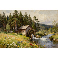 Tablou Canvas Moara de apa, 80x50cm, padure, rau, natura, stil pictura, sasiu de lemn, panza de bumbac 90%, agatatoare invizibila, pentru bucatarie, living