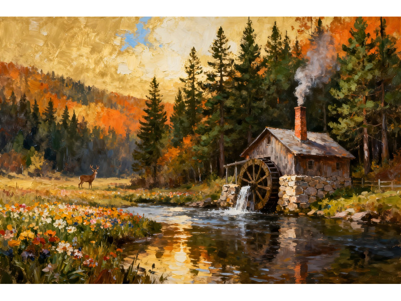 Tablou Canvas Moara de apa 4, 80x50cm, padure, rau, natura, stil pictura, sasiu de lemn, panza de bumbac 90%, agatatoare invizibila, pentru bucatarie, living
