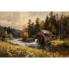 Tablou Canvas Moara de apa 5, 80x50cm, padure, rau, natura, stil pictura, sasiu de lemn, panza de bumbac 90%, agatatoare invizibila, pentru bucatarie, living