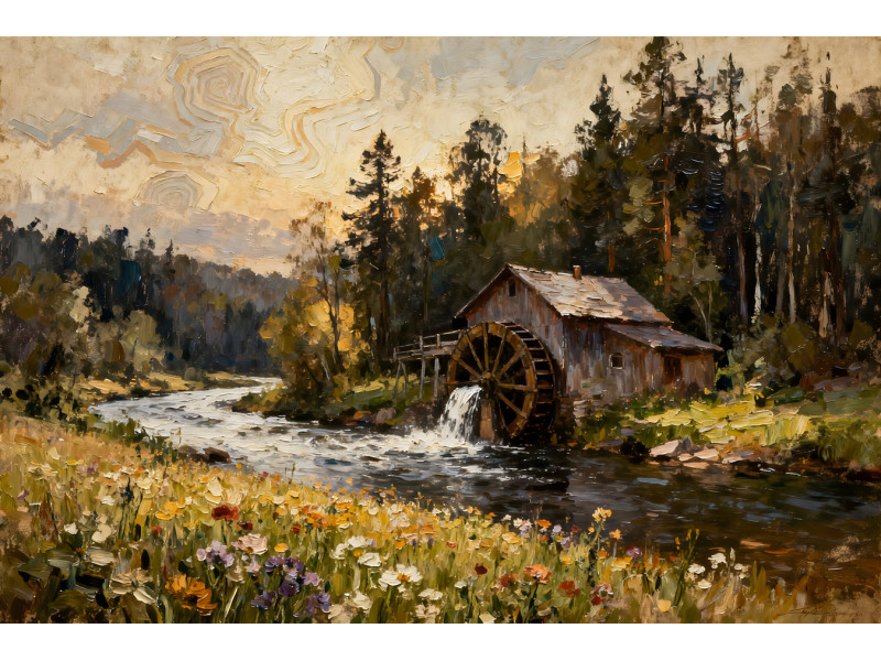 Tablou Canvas Moara de apa 5, 80x50cm, padure, rau, natura, stil pictura, sasiu de lemn, panza de bumbac 90%, agatatoare invizibila, pentru bucatarie, living Tablou Canvas Moara de apa 5, 80x50cm, padure, rau, natura, stil pictura, sasiu de lemn, panza de bumbac 90%, agatatoare invizibila, pentru bucatarie, living