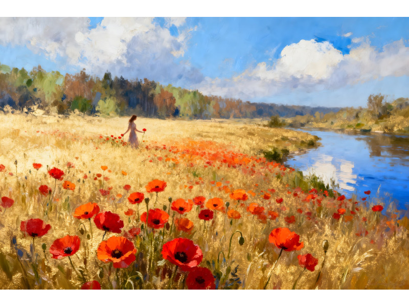 Tablou Canvas Femeie in lanul de maci,, 80x50cm, padure, rau, natura, stil pictura, sasiu de lemn, panza de bumbac 90%, agatatoare invizibila, pentru bucatarie, living