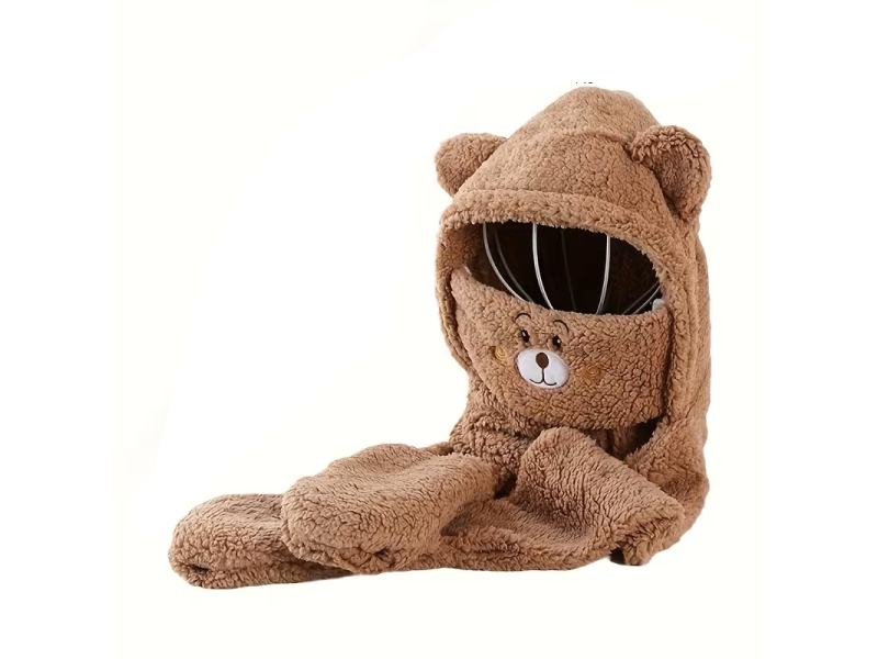 Caciula cu fular si manusi unisex, VeliumCraft, 4-in-1, model ursulet, maro