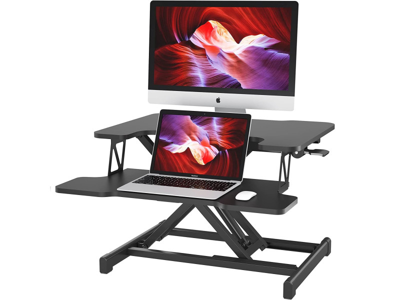 Stand de lucru laptop,calculator sit-stand, Bontec, 55 x 40 x 39 cm, cu suport tastatura, 15 kg max, metal, negru