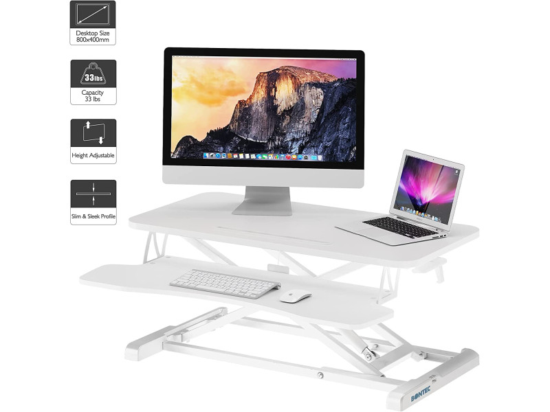 Stand de lucru laptop,calculator sit-stand, Bontec, 80 x 40 x 50 cm, cu suport tastatura, 15 kg max, metal, alb