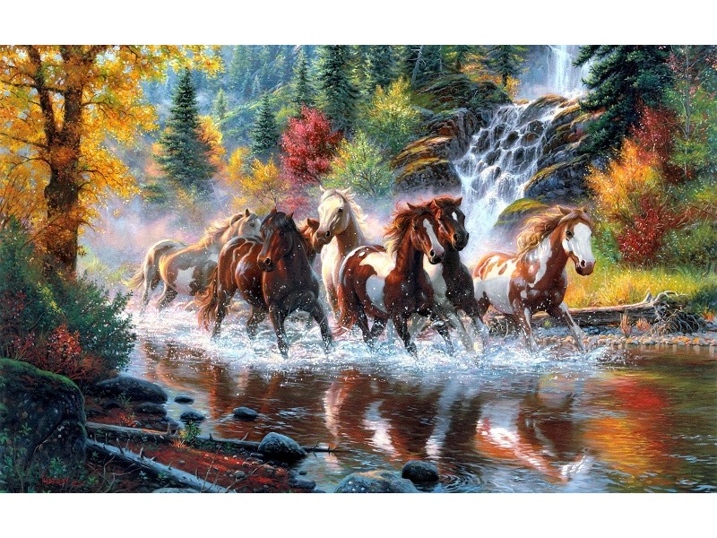 Cai alergand prin apa, 80 x 50 cm, Rama lemn, Multicolor Cai alergand prin apa, 80 x 50 cm, Rama lemn, Multicolor